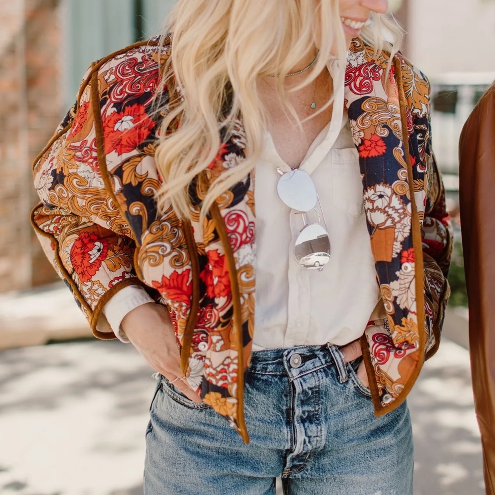 Mother The Big Time Bound Jacket Flower in Her Hair Print Floral Brown Suede